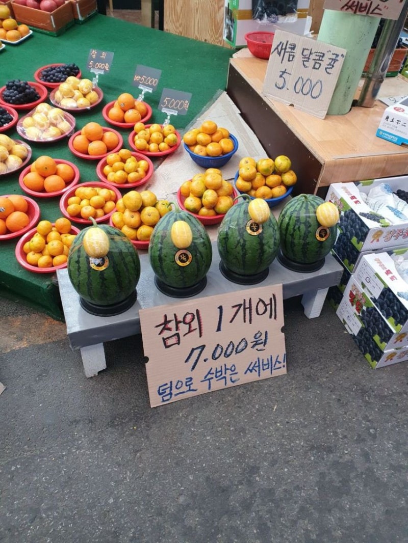 참외 1개에 7,000원 덤으로 수박은 서비스!